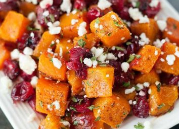 Diced butternut squash with cranberries and goat cheese