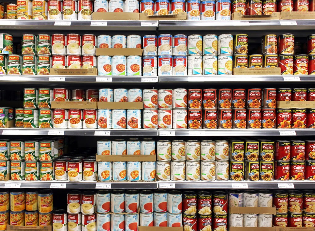 Canned soup on supermarket shelves