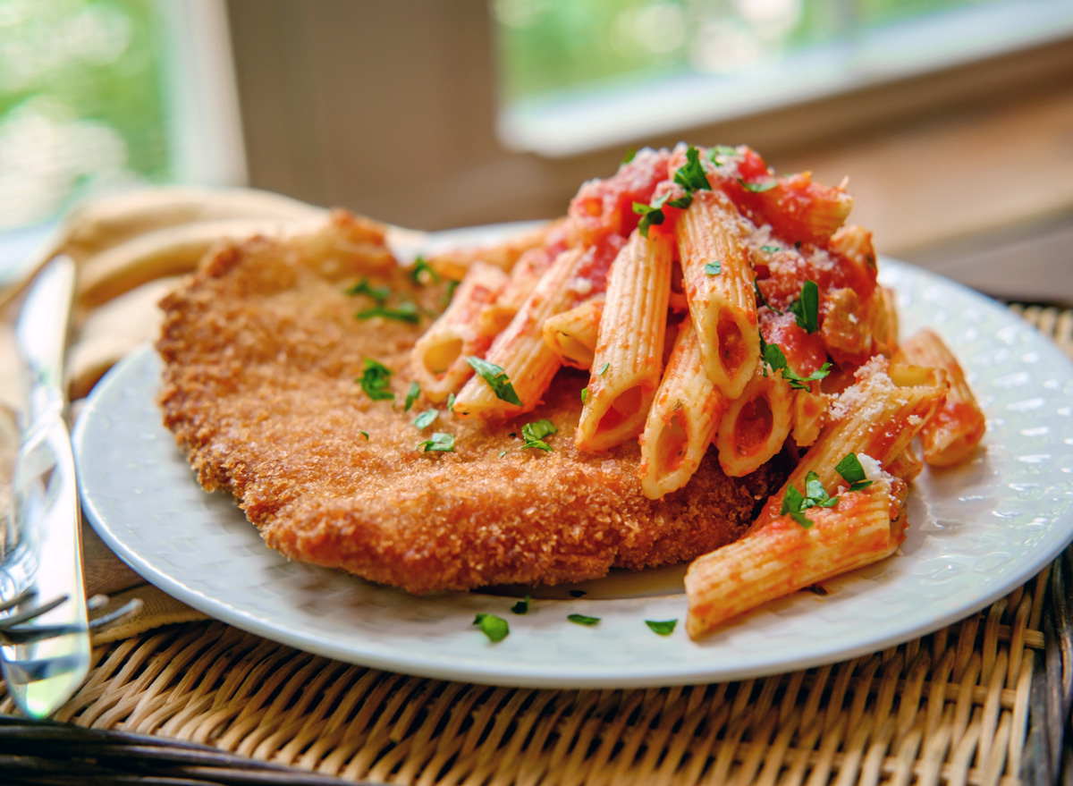 fried chicken with pasta dinner