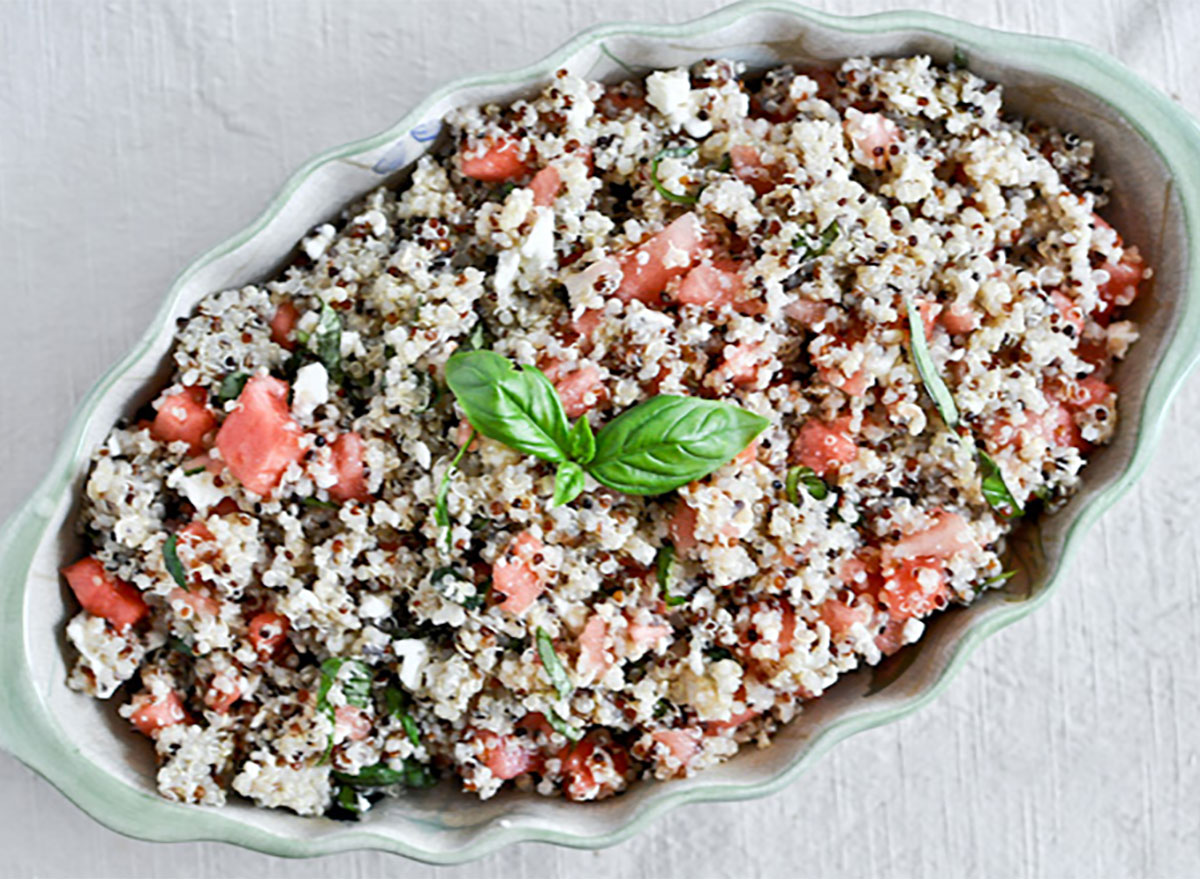 watermelon feta basil quinoa in serving dish