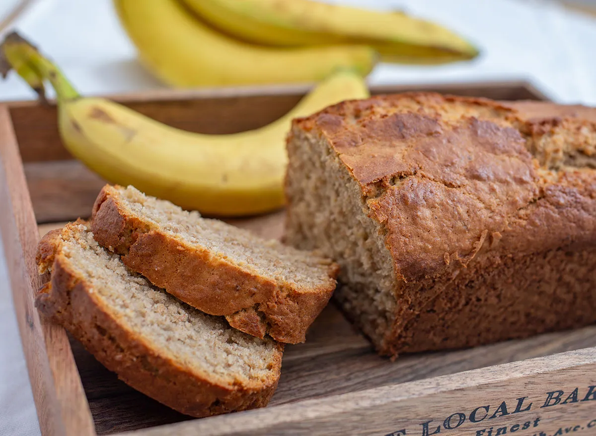 banana bread loaf with slices. 