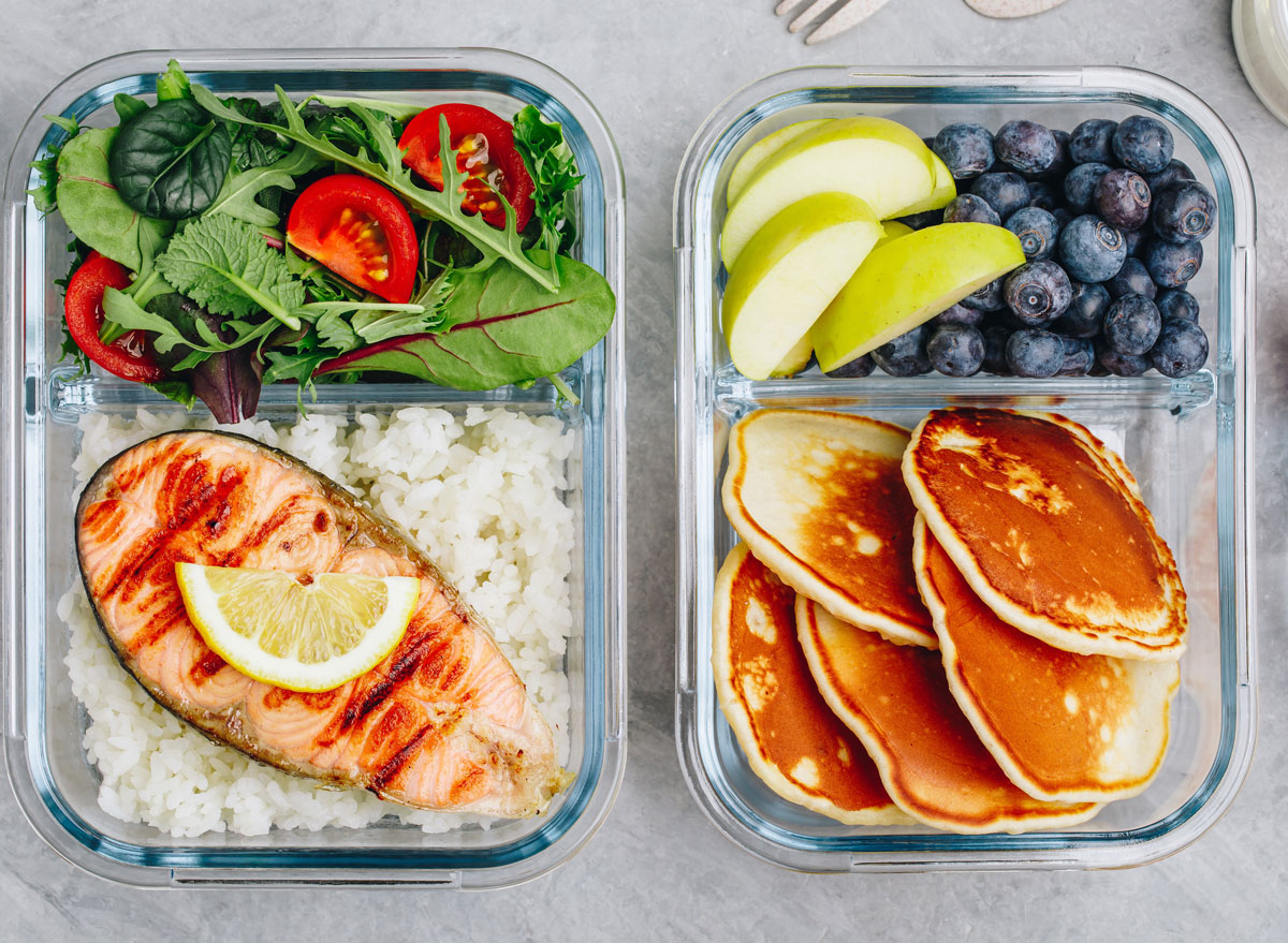 Meal prep breakfast lunch dinner salmon salad pancakes fruit - how to beat weight loss plateau