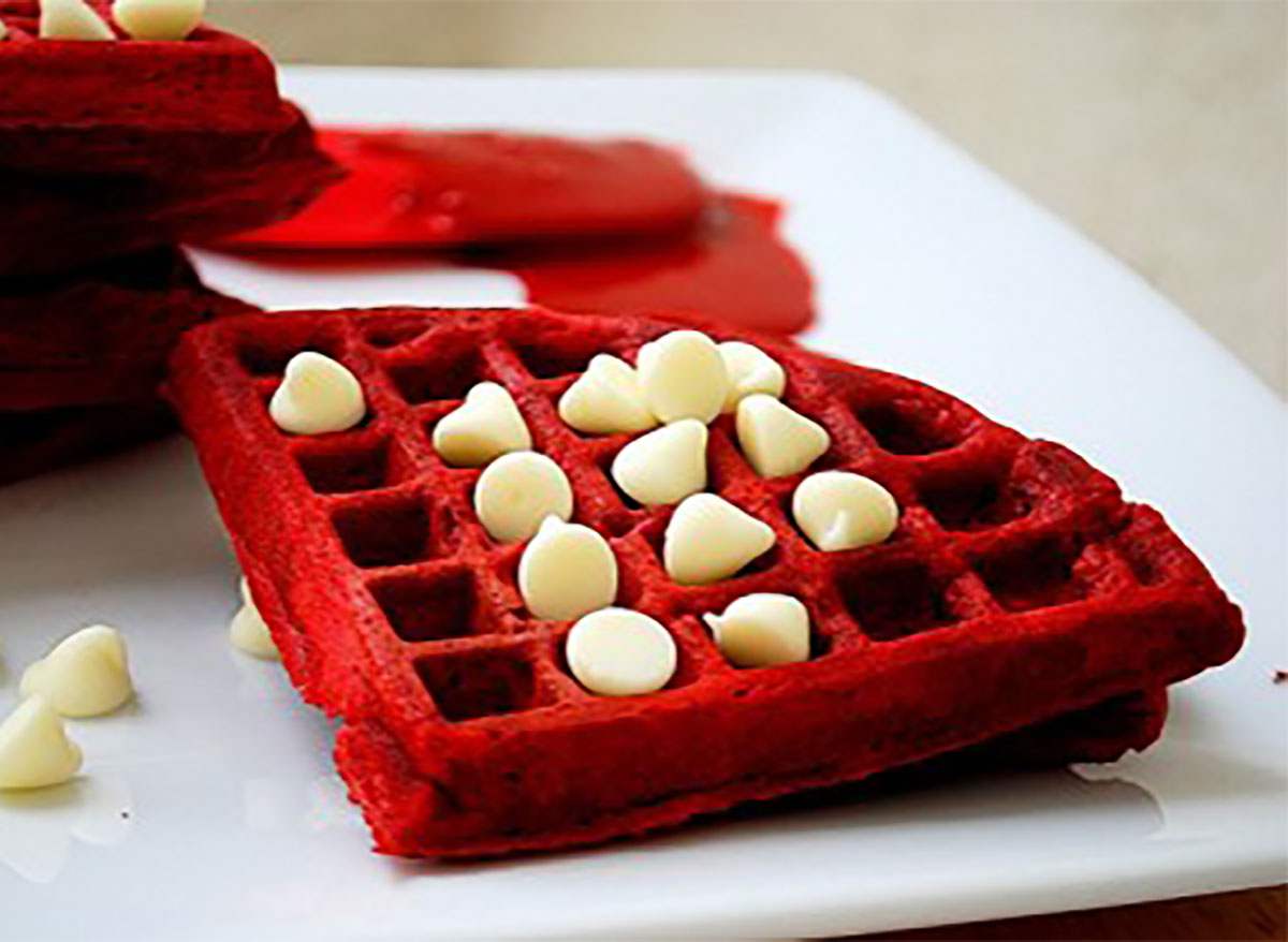 red velvet waffles with chocolate chips