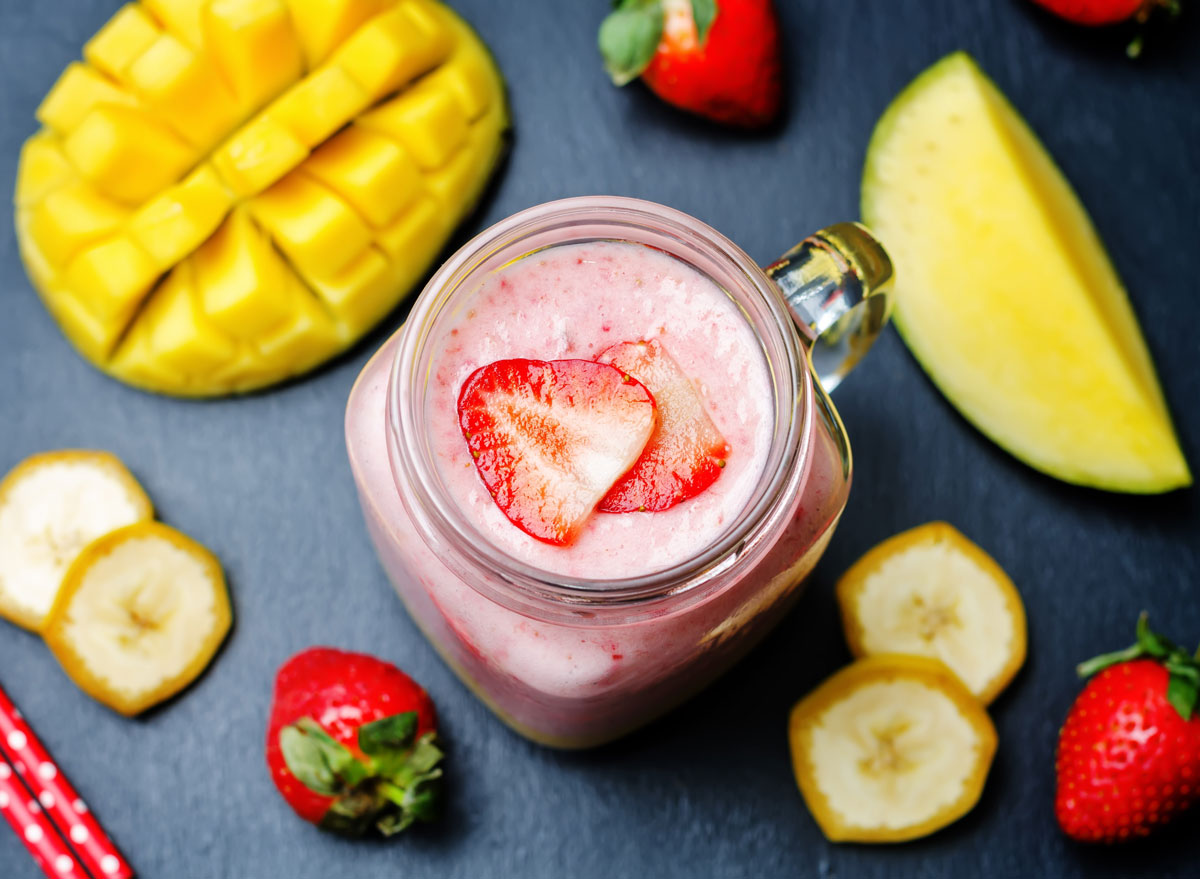 High protein shake strawberry banana mango smoothie