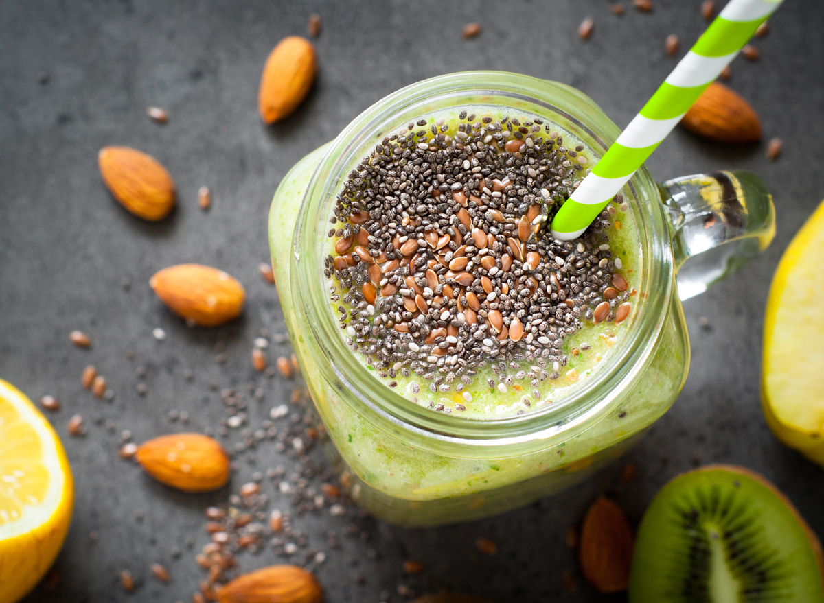 chia flax seeds on top of green smoothie