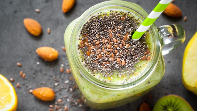 chia flax seeds on top of green smoothie