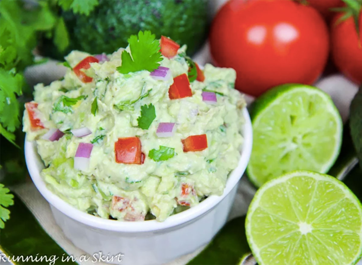 guacamole made with greek yogurt in dipping bowl