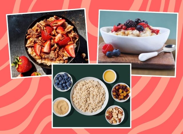 three pictures of oatmeal on a red background