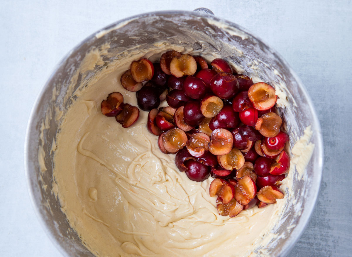 Sliced cherries in baking batter