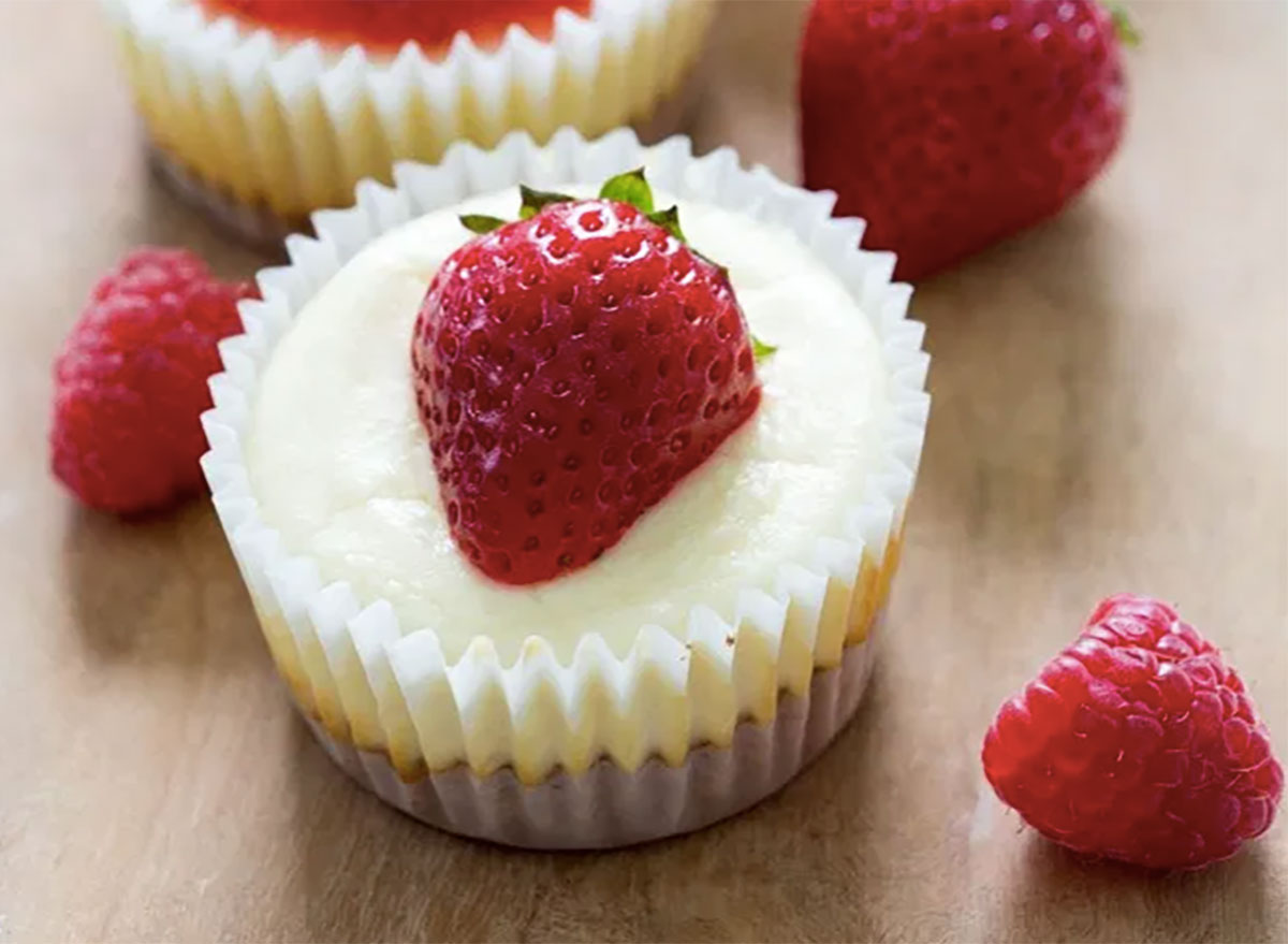 mini cheesecake topped with strawberry
