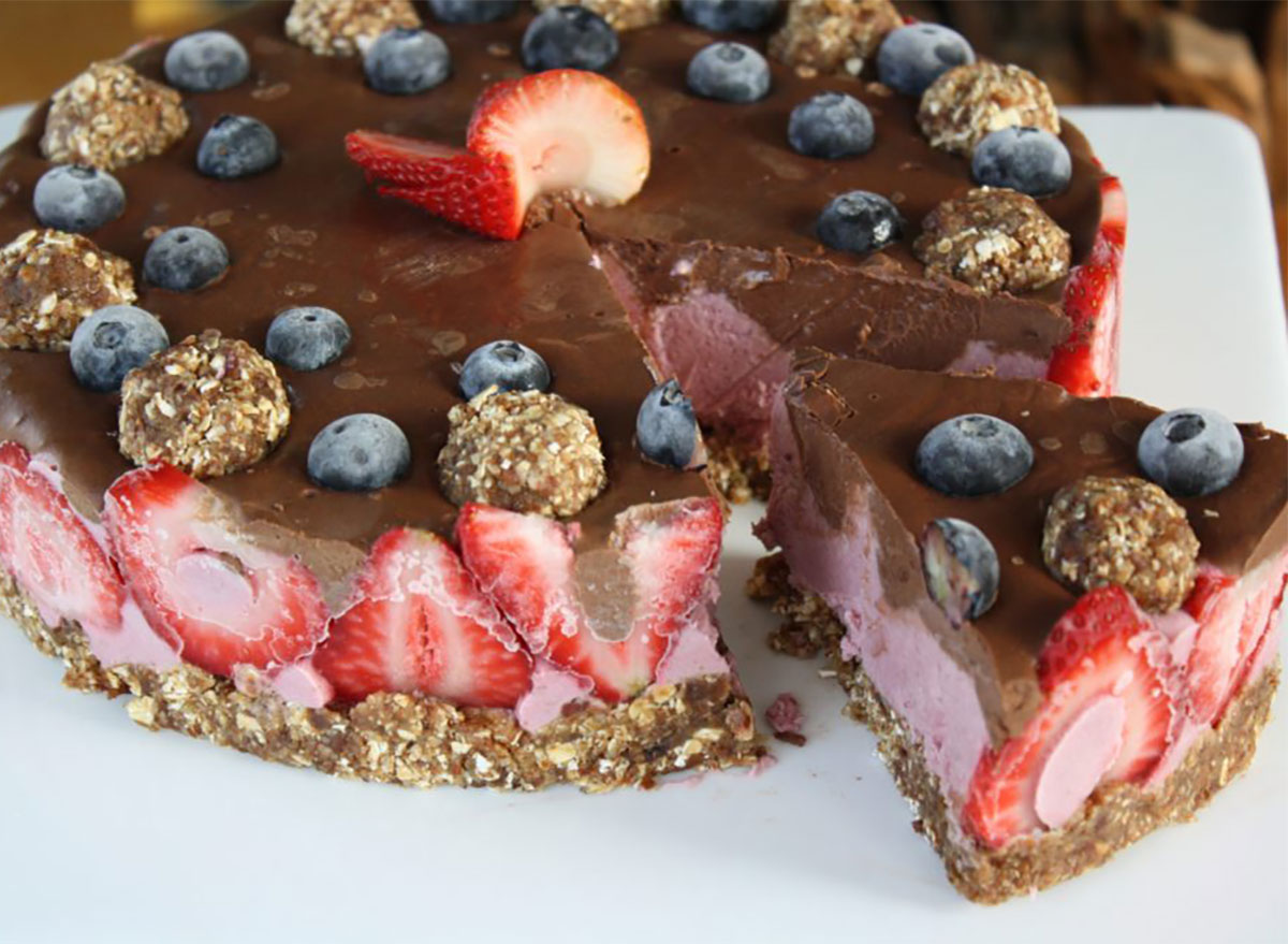 three-layer strawberry cream pie with slice