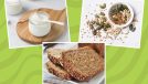 three pictures of food on a green background