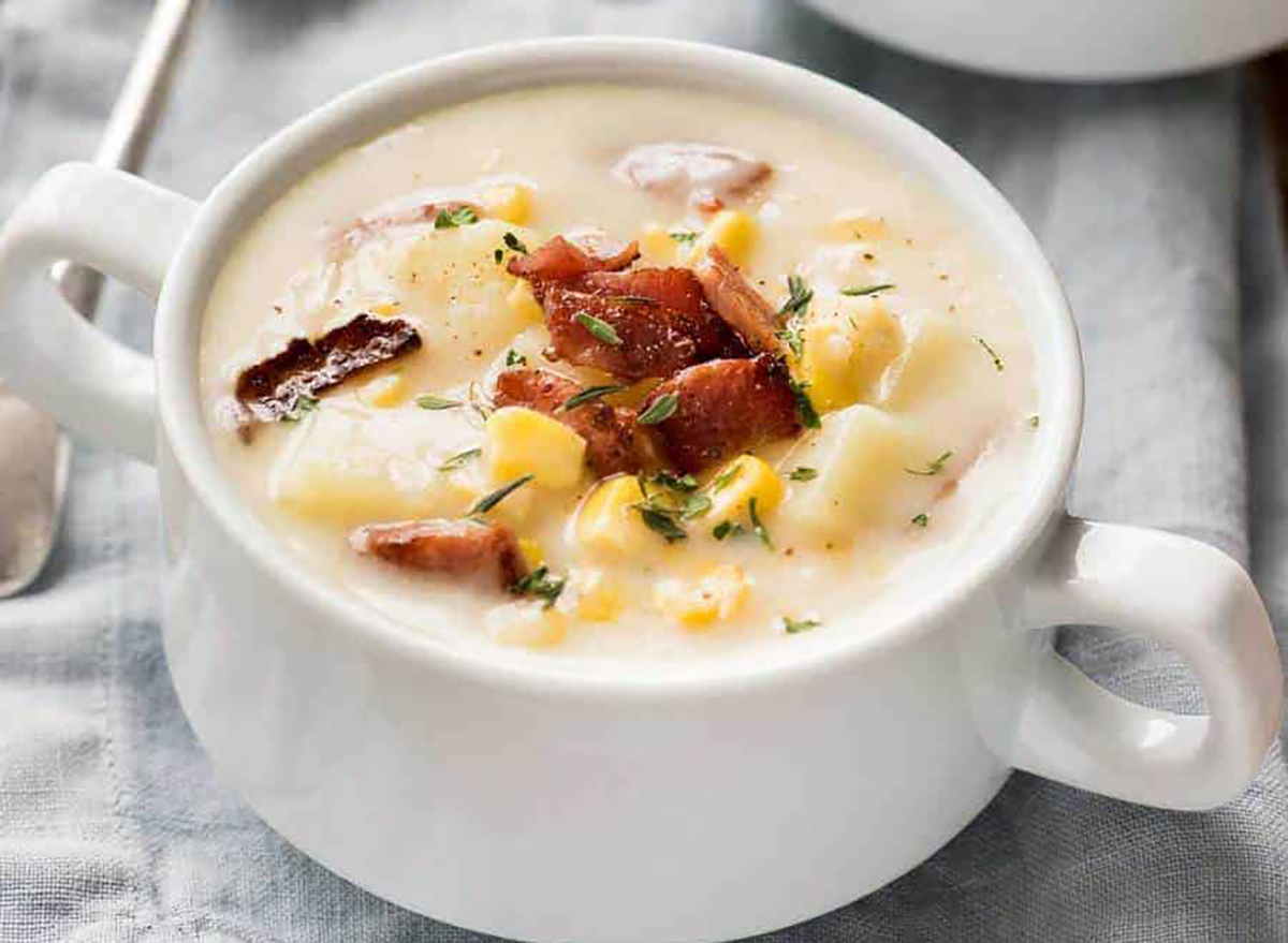 bowl of ham and corn chowder with potatoes
