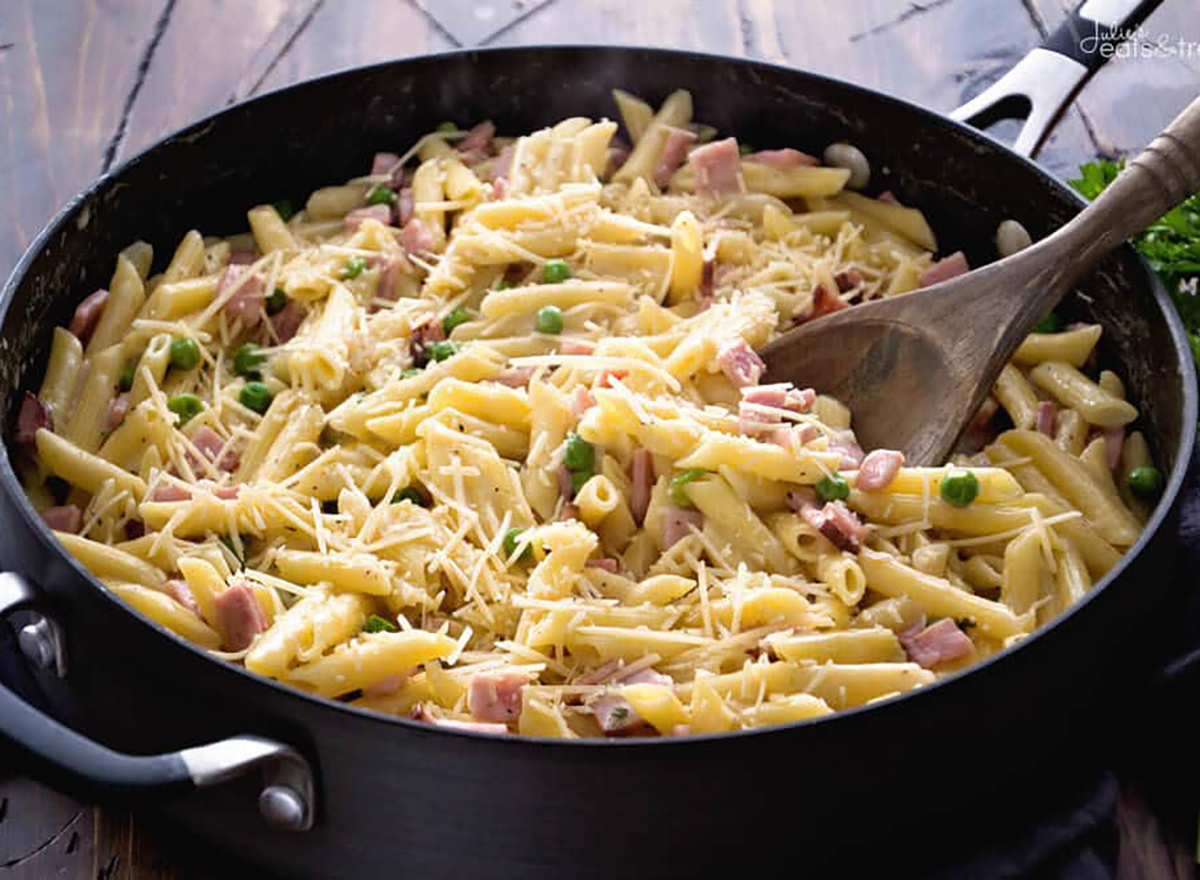 ham and penne skillet in pan with spoon