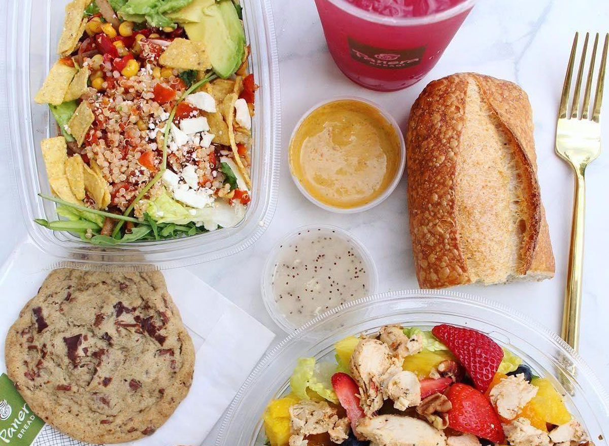 Panera bread lunch spread salad bread dressing cookie drink