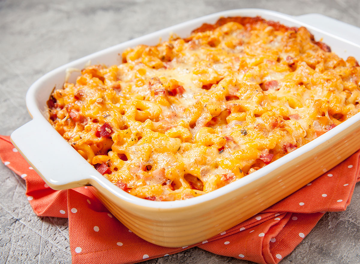 mac and cheese with ham and pumpkin in baking dish
