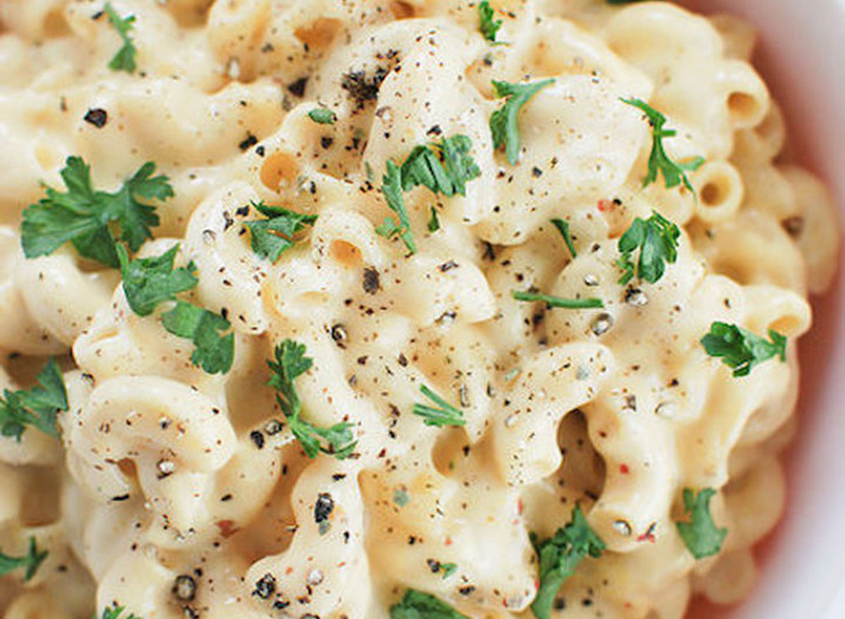 Light creamy mac and cheese with herbs