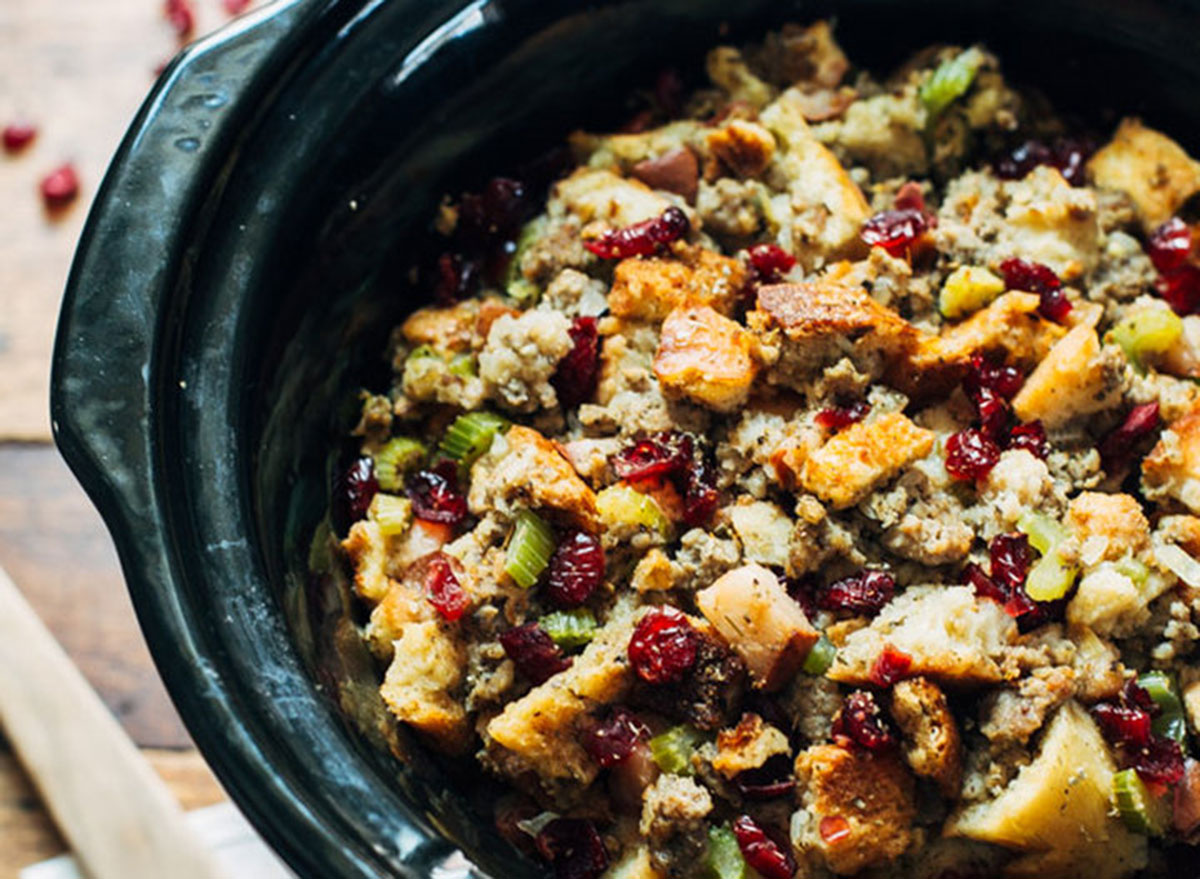 Pear and sausage stuffing in a slow cooker