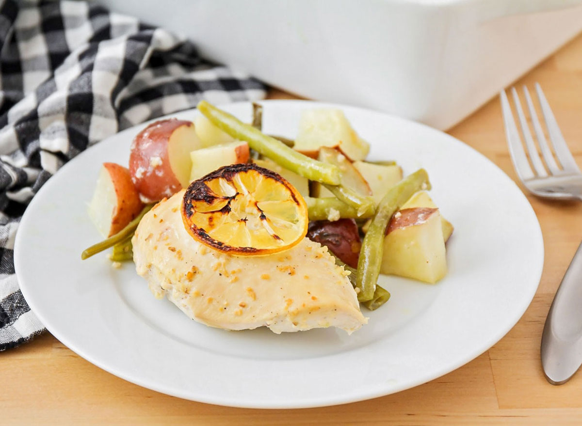 lemon chicken on plate with vegetables