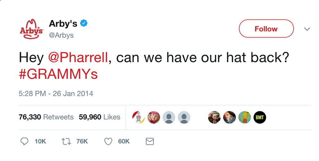 Arbys pharrell twitter hat grammys