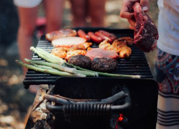 Meat and vegetables on grill