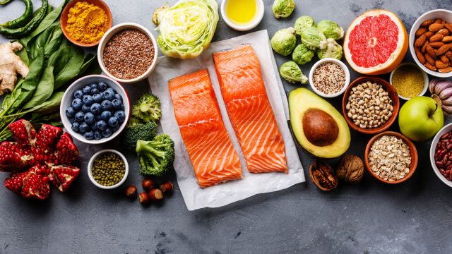 health food buzz words salmon blueberries avocado superfoods