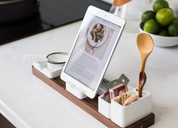 Tablet propped up on kitchen counter with recipe to follow as you cook at home