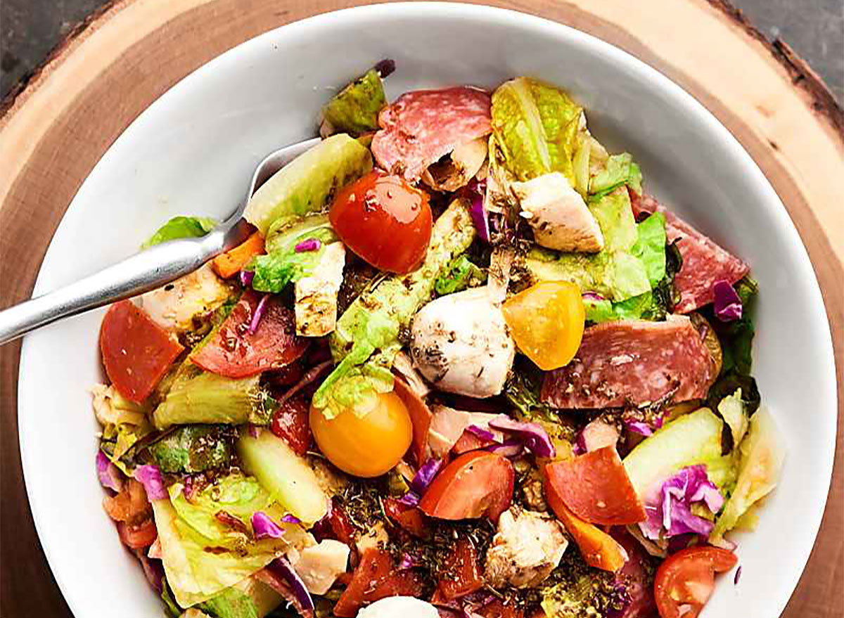 antipasto chicken salad in bowl