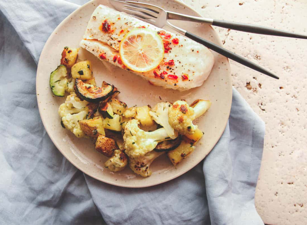 baked halibut with roasted cauliflower