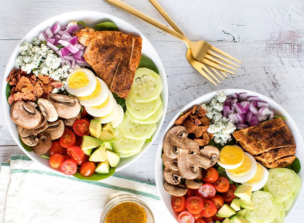 blackened chicken cobb salad in bowls