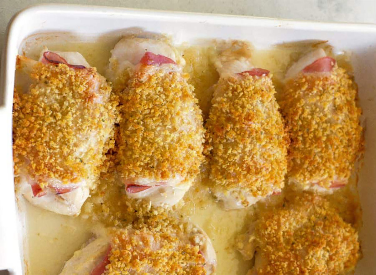 chicken cordon bleu in baking dish