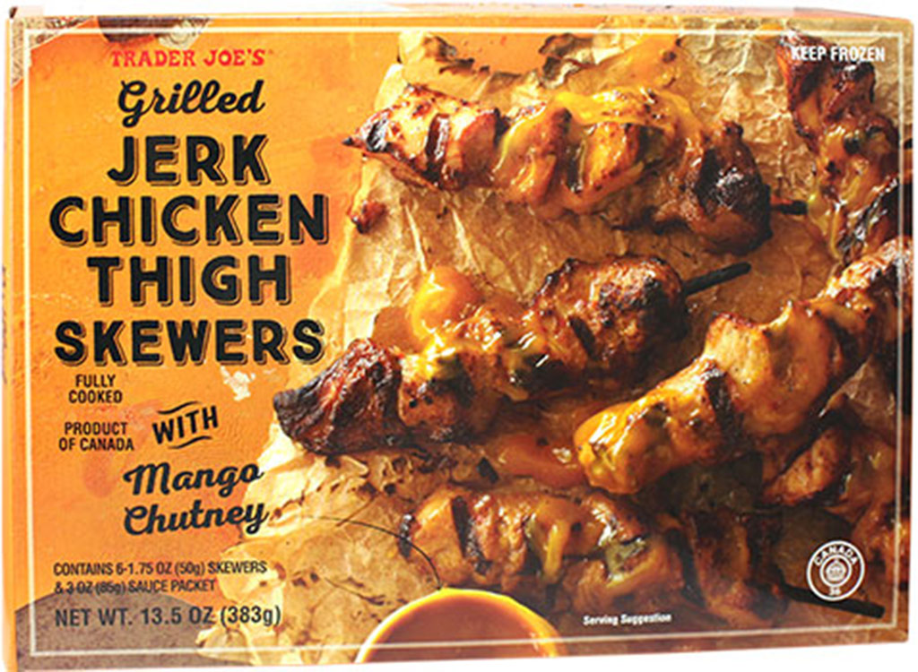 Grilled jerk chicken thigh skewers