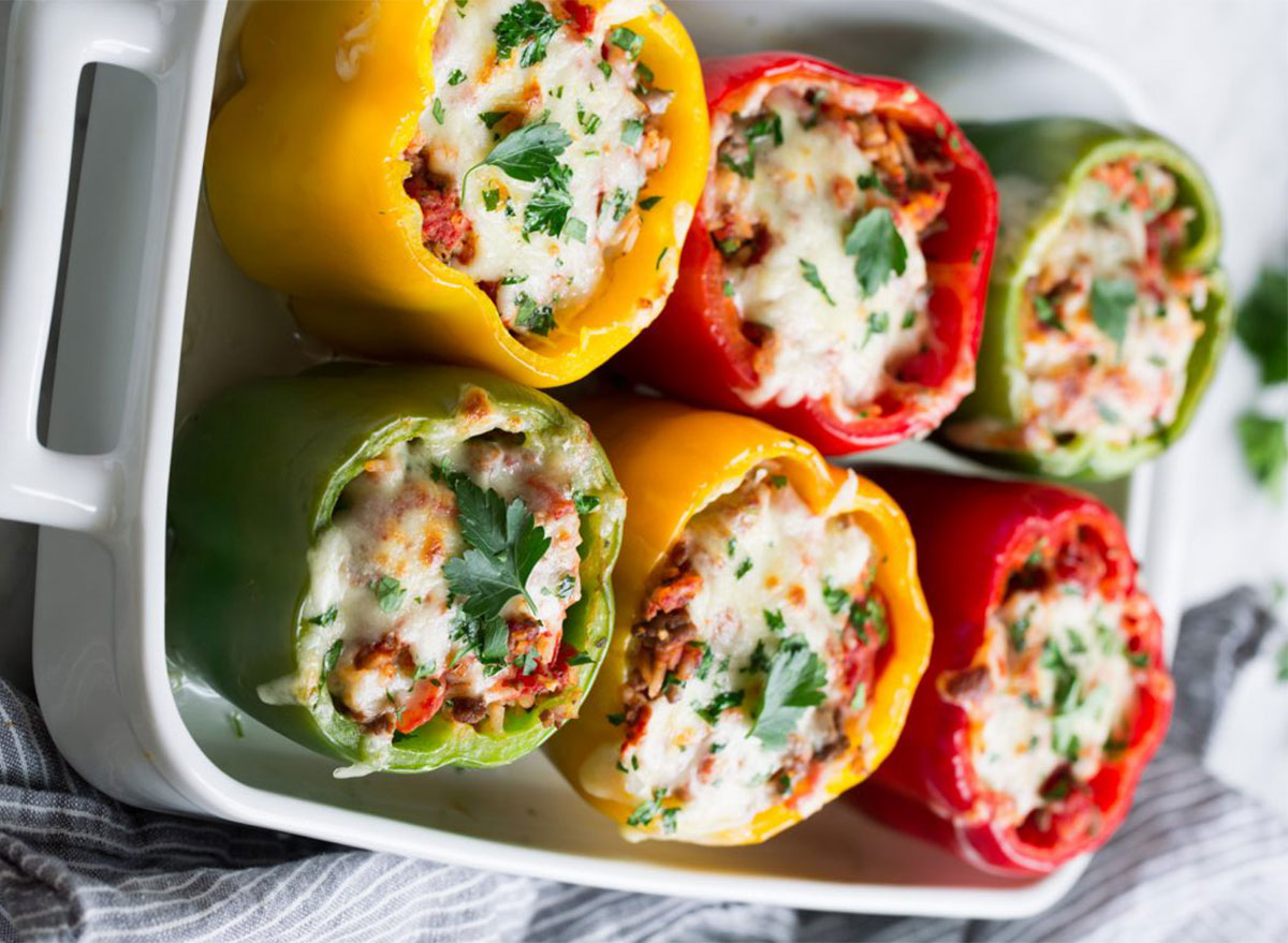 stuffed peppers in baking dish