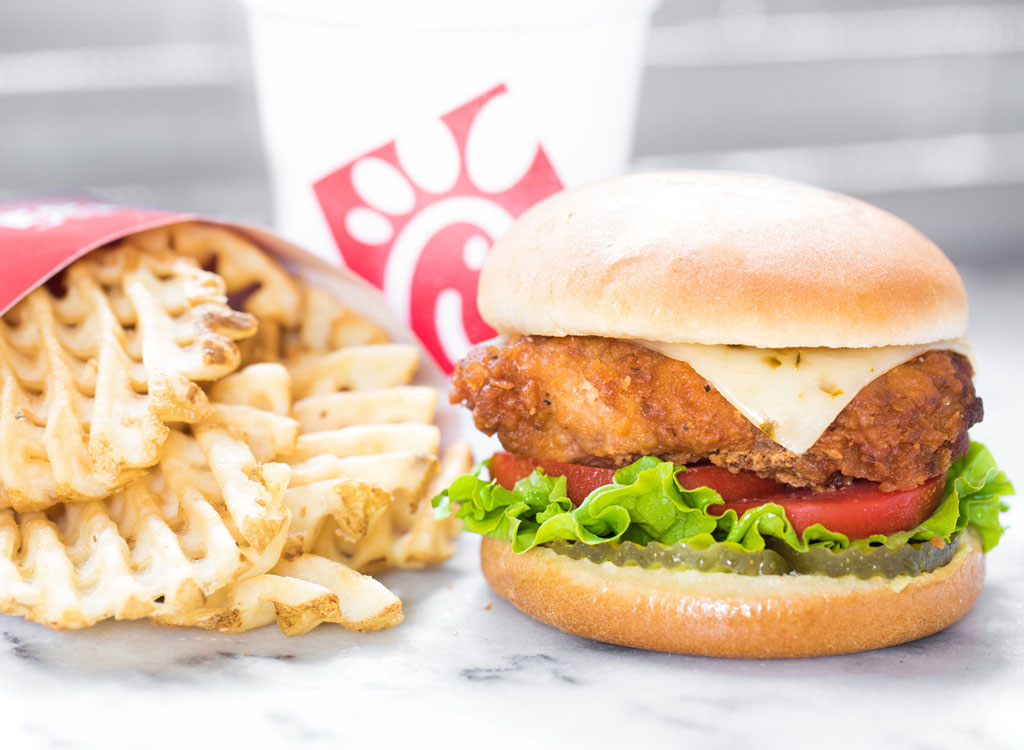 Chick fil a spicy deluxe sandwich fries soda