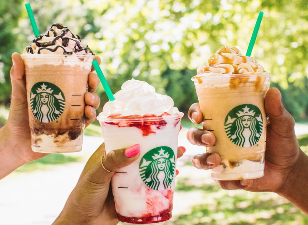 Starbucks triple mocha ultra caramel and serious strawberry frappuccinos