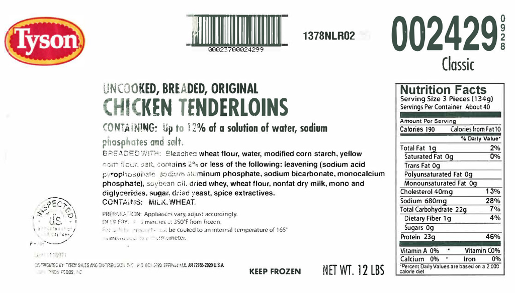 Tyson recalls uncooked breaded original chicken tenderloins