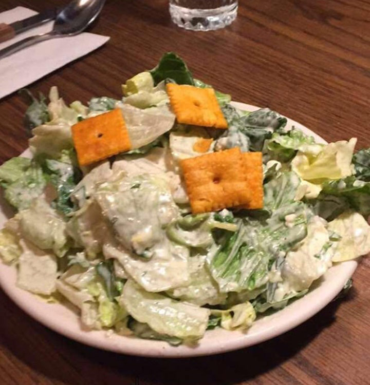 Food fails cheesit salad instead of crouton