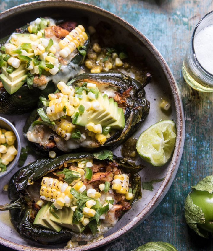 Lightened up salsa verde chicken stuffed poblano peppers recipe blogger