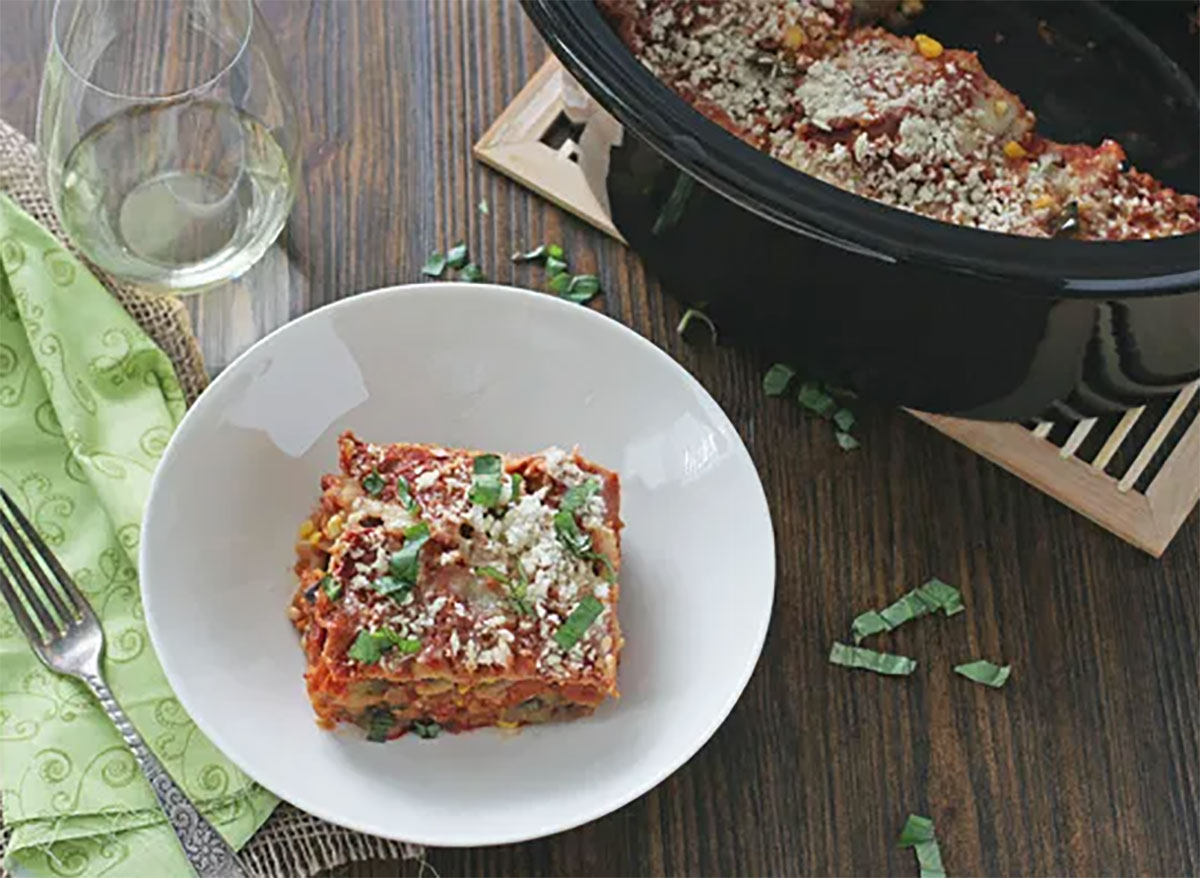 slow cooker summer lasagna square on plate