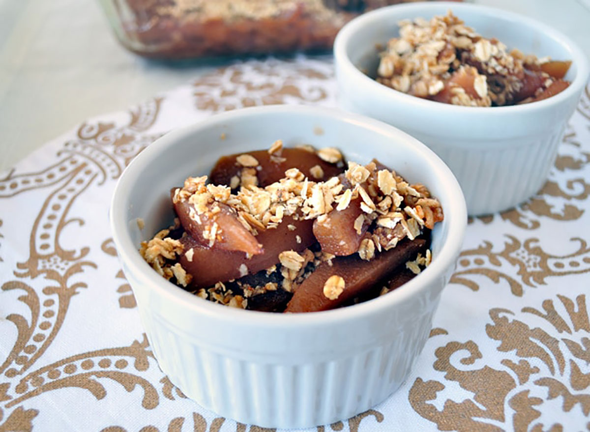 slow roasted pear crumble in ramekin