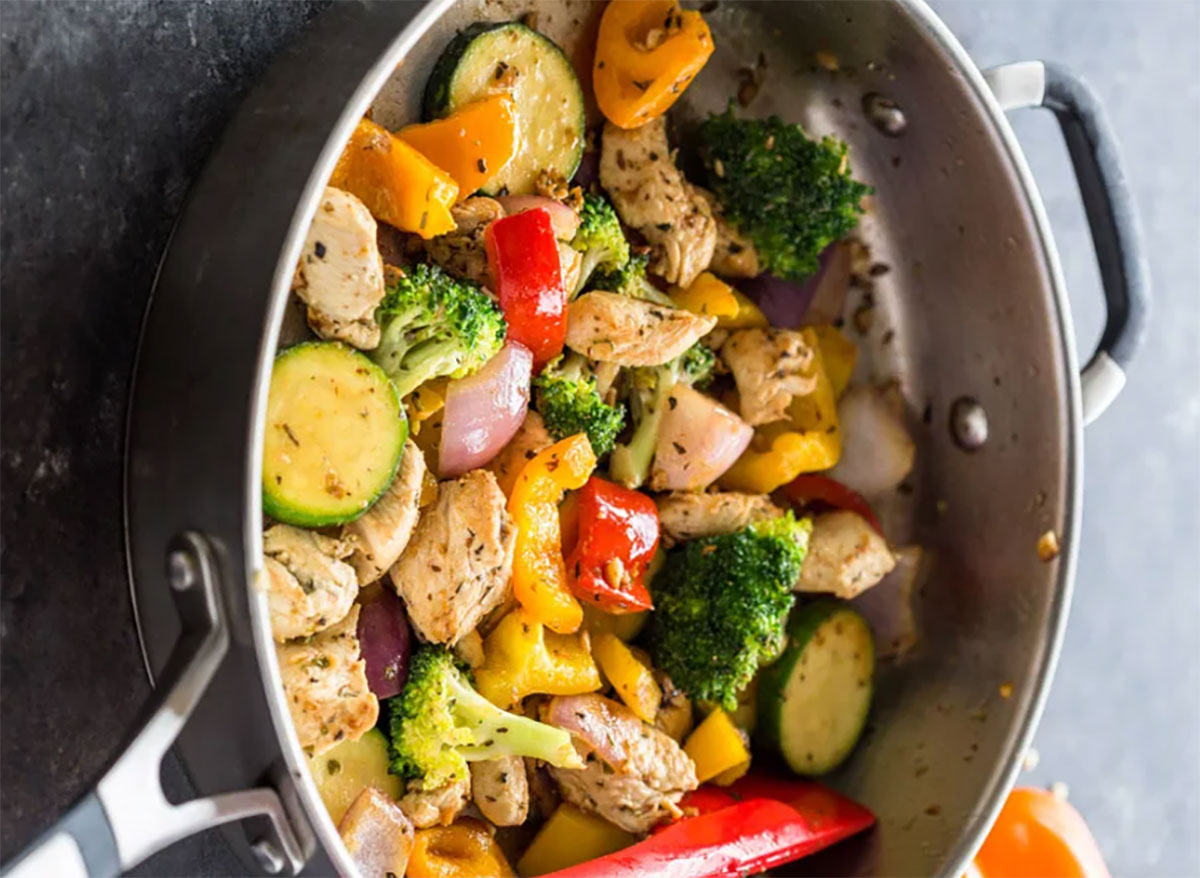 chicken and vegetables in skillet