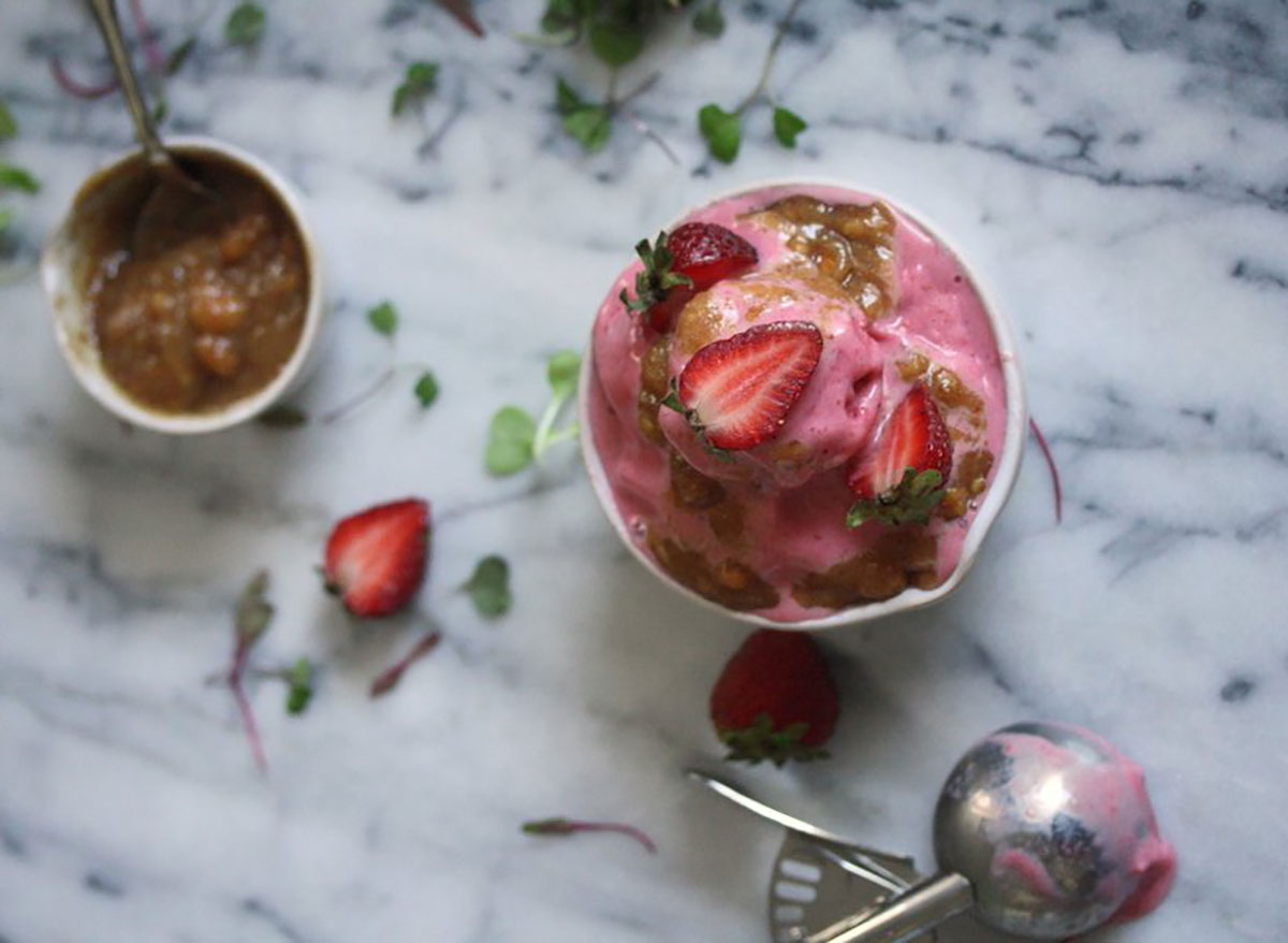 strawberry banana vegan ice cream on marble