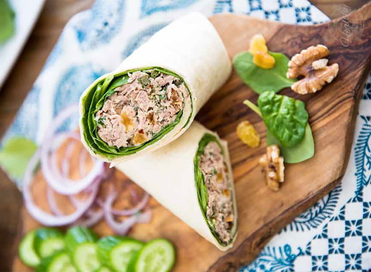 tuna wrap on cutting board