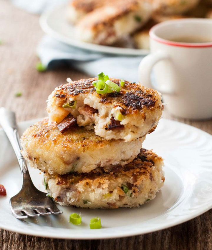 Mashed potato cakes with cheese and bacon