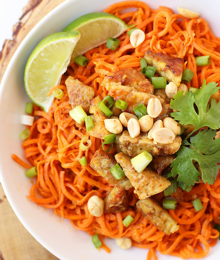 Spiralized sweet potatoes with ginger tempeh