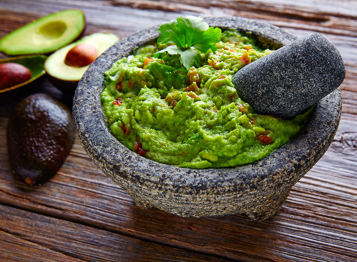 guacamole with mortar and pestle