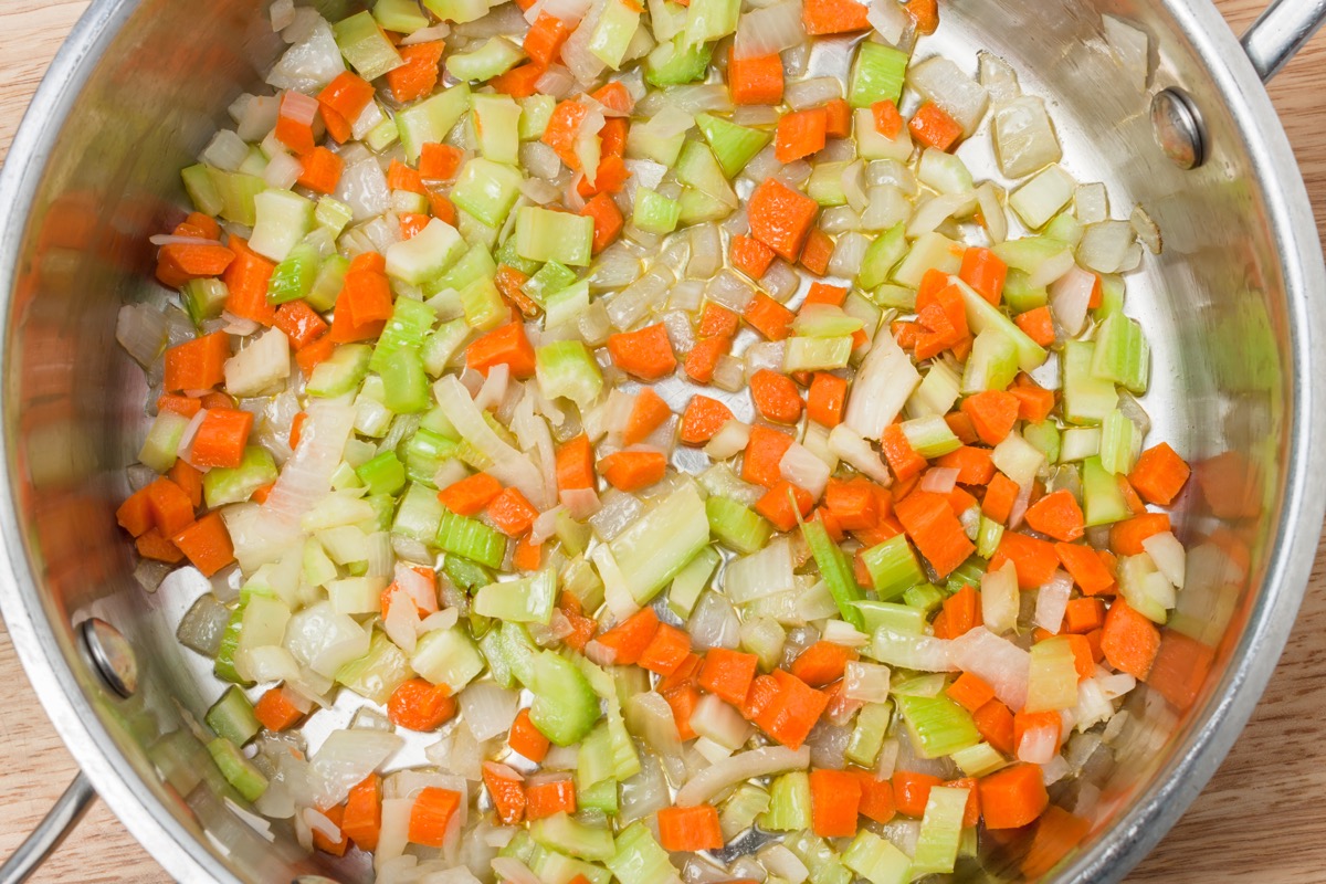 Mirepoix Onions Celery Carrots Sweating in Pot