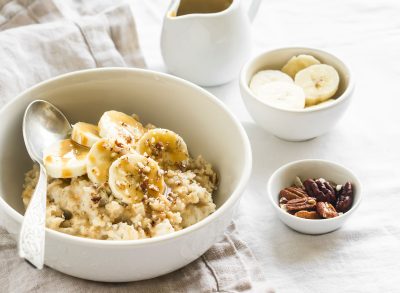 Cinnamon oatmeal banana nuts syrup