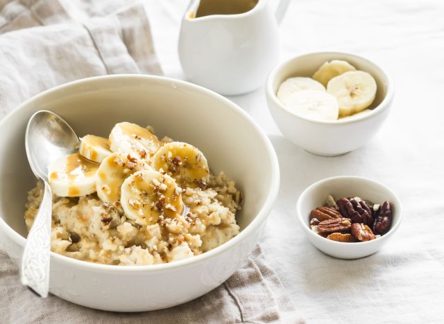 Cinnamon oatmeal banana nuts syrup