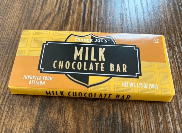 trader joe's chocolate bar on a table. 